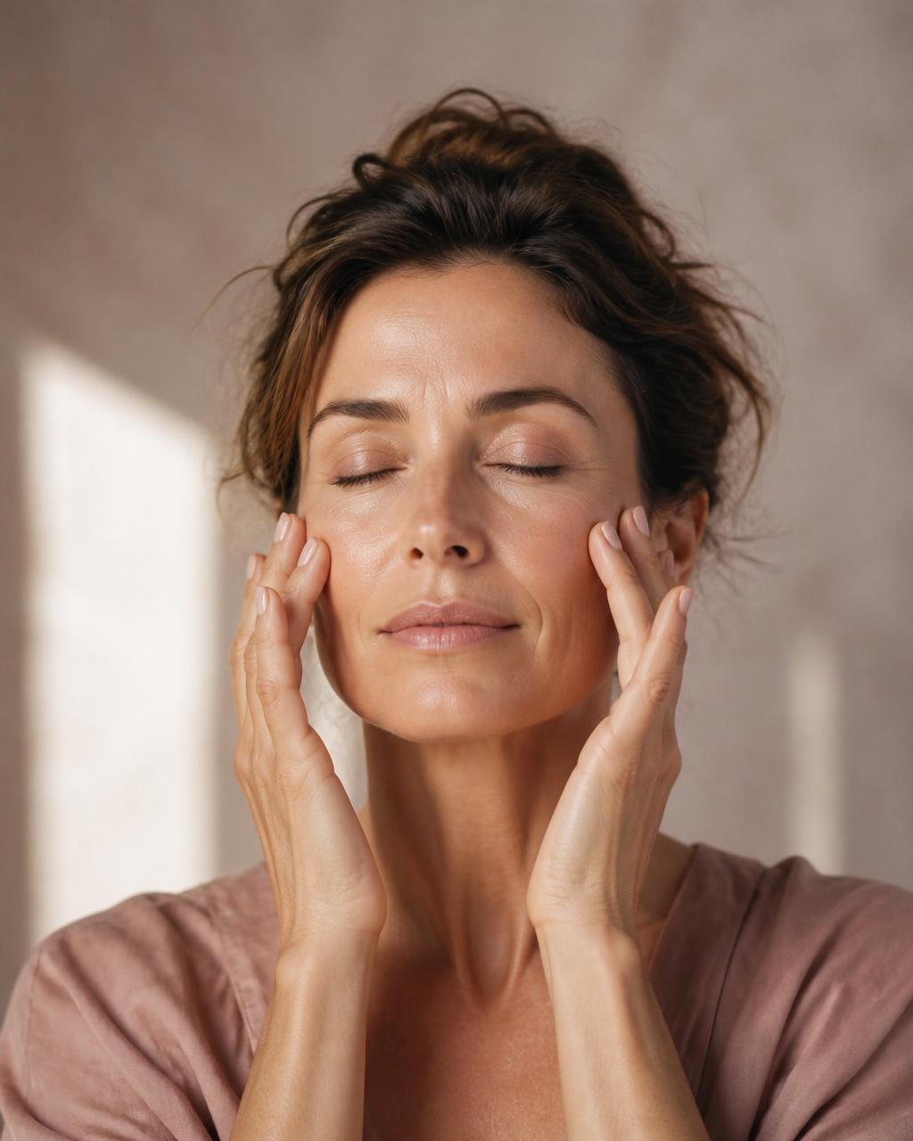 Mujer practicando yoga facial con las manos sobre el rostro